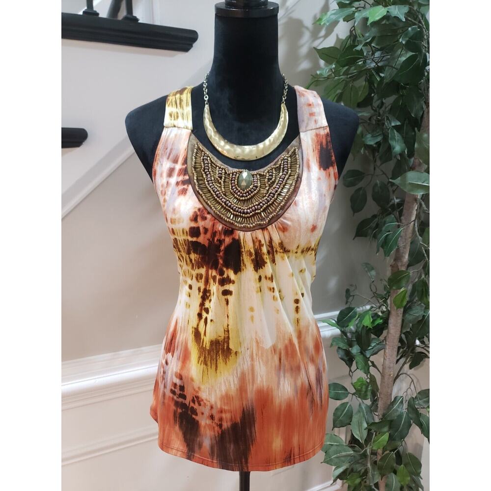 B. Wear Women's Multicolor Beaded Round Neck Sleeveless Casual Top Blouse Size M